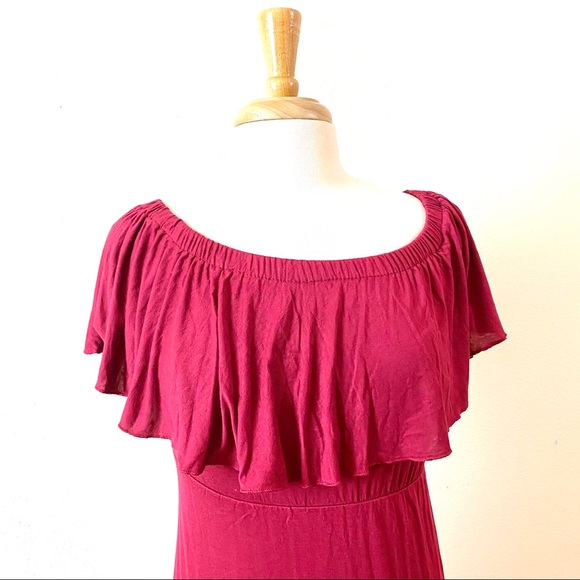 Burgundy Off Shoulder Knit Ruffled Maxi Dress M - Picture 6 of 8